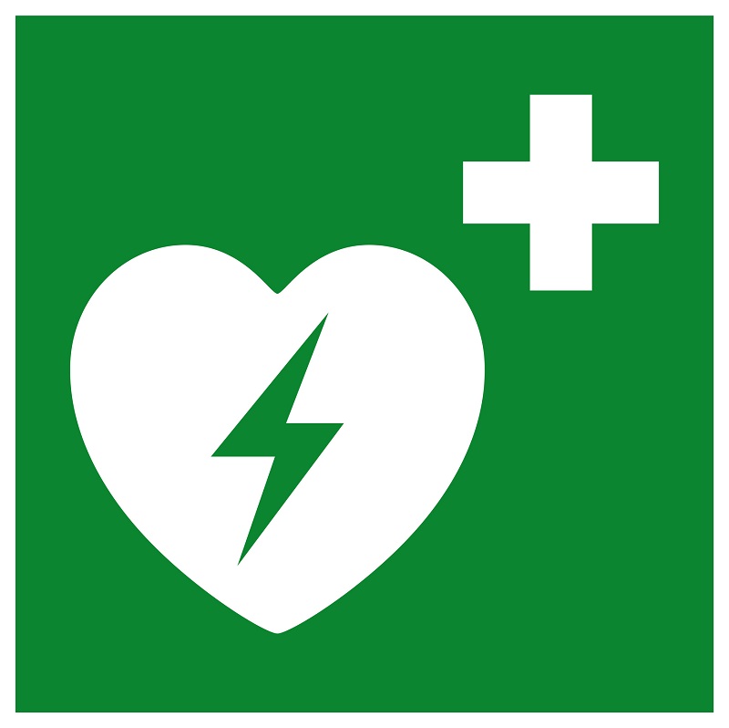 Oficiálne označenie AED, zelené pole so srdcom a bleskom v srdci