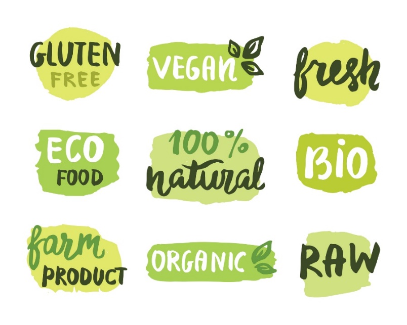 Označenie potravín, ktoré často vyhľadávajú ortorektici. (Bezlepková potravina, Ekologická potravina, Vegánska potravina, Raw potravina, Organická potravina, Naturálna potravina, Čerstvá potravina, Farmársky produkt)