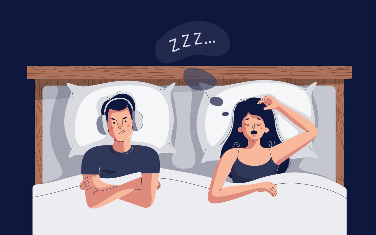Muž a žena ležia na obrázku, chrápanie. Spánkové apnoe a animovaný obrázok