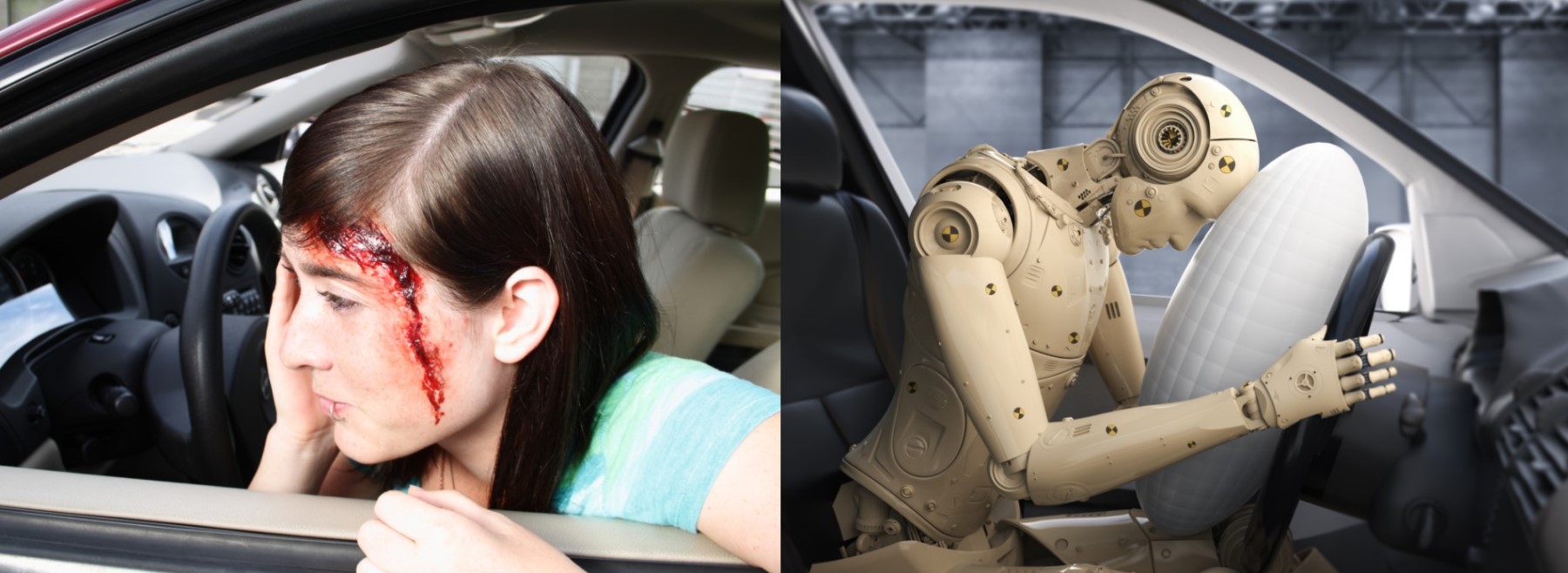 Úraz hlavy je častým následkom dopravnej nehody - žena v aute, po dopravnej nehode - úraz hlavy a krvácanie + druhý obrázok s testom auta - testovacia figurína naráža hlavou do volantu s airbagom 