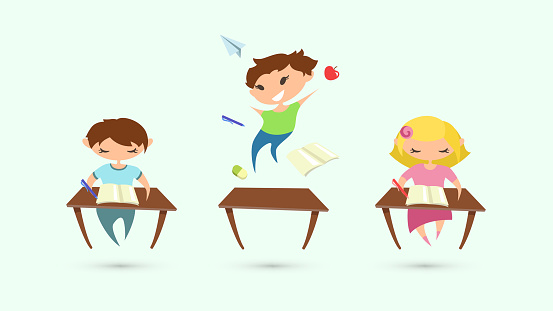 animovaný obrázok troch detí v školských laviciach, stredné dieťa je hyperaktáívne