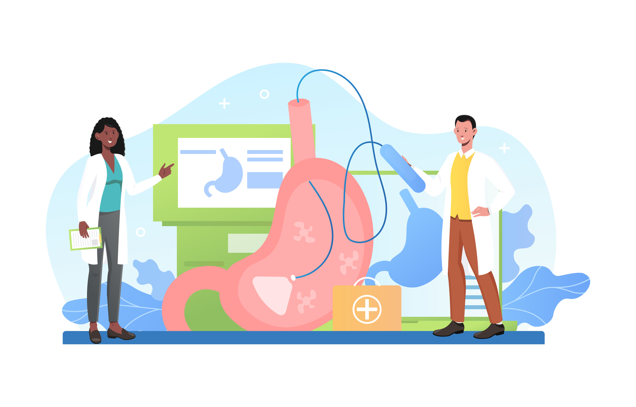 Gastroskopia, ako vyšetrovacia metóda pri HP, animovaný obrázok znázorňuje lekára, monitor a fibroskop