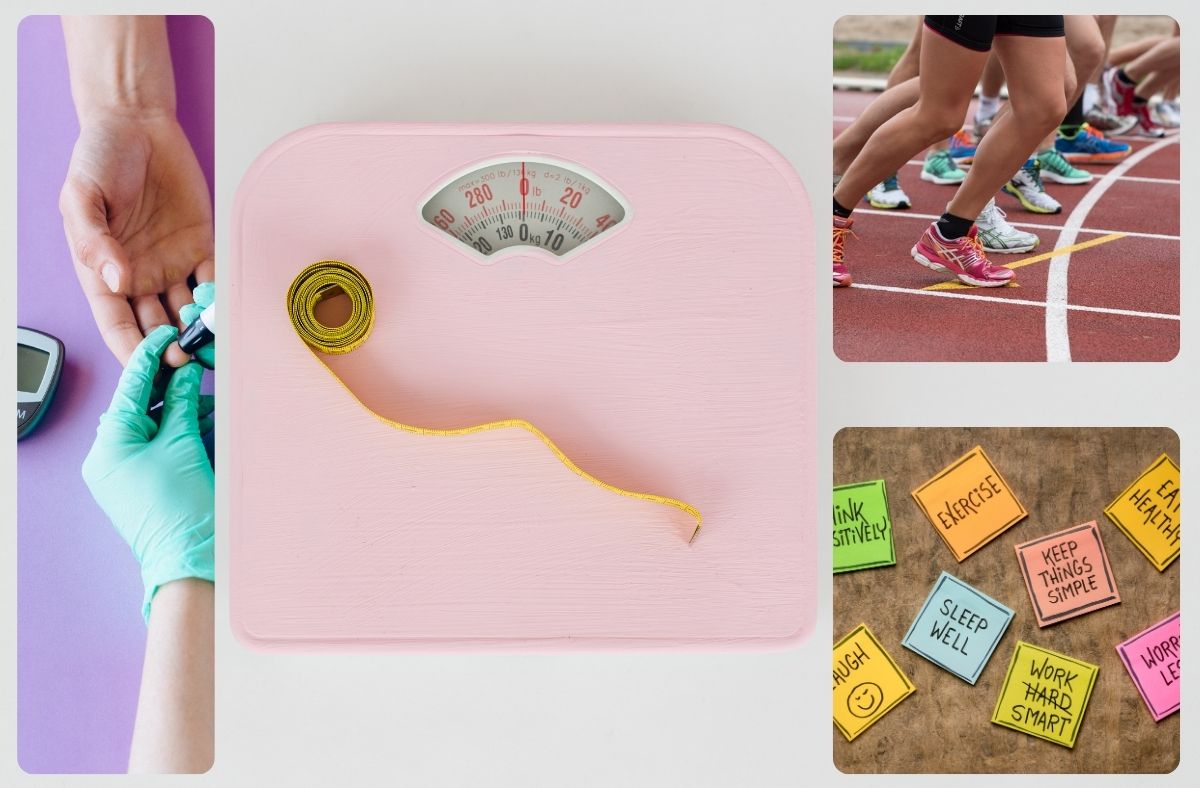 Sledovanie príjmu sacharidov má význam pre širokú skupinu ľudí. Zdroj foto: Canva Koláž fotiek, kde sú znázornené diabetes - meranie glykémie, zdravý životný štýl, šport