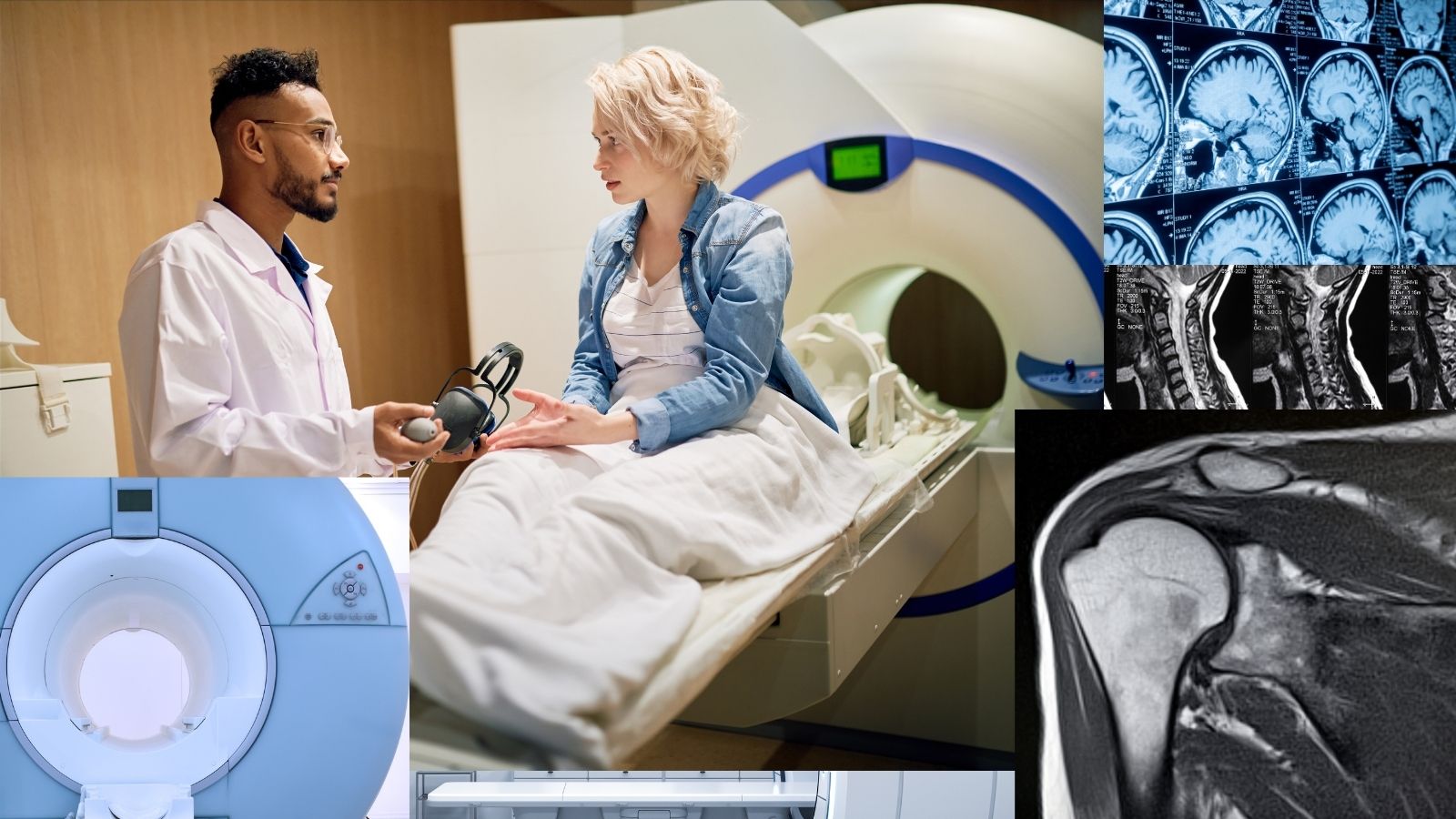 MRI - magnetická rezonancia - prístroj s pacientom a technikom a koláž fotiek - magnetický sken - výsledok 