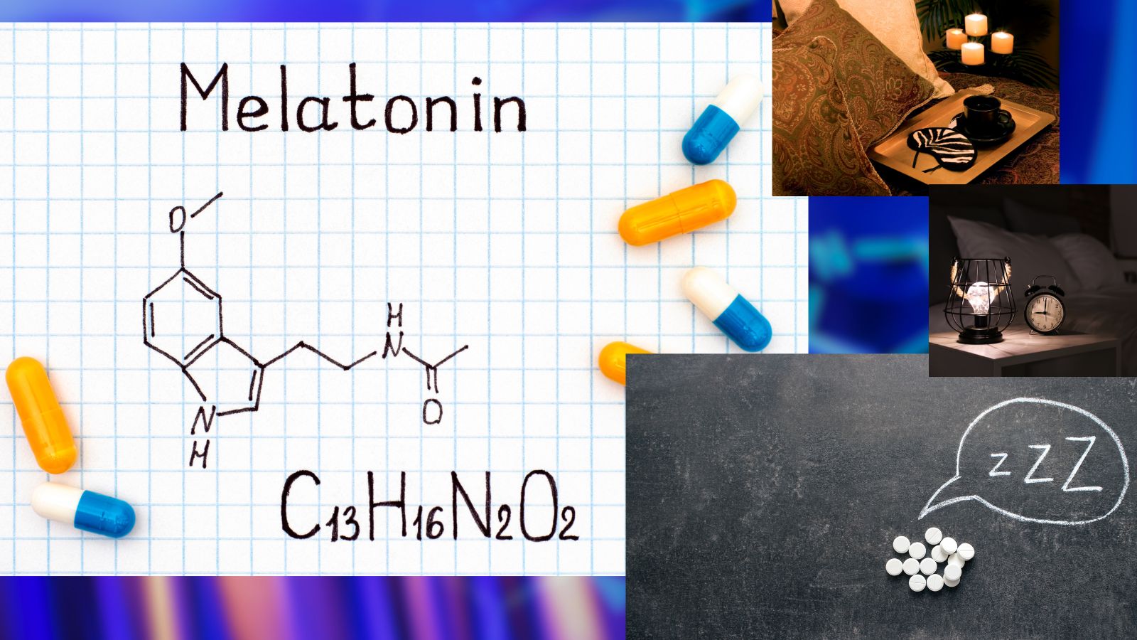 Melatonin - foto koláž a chemický vzorec - schéma