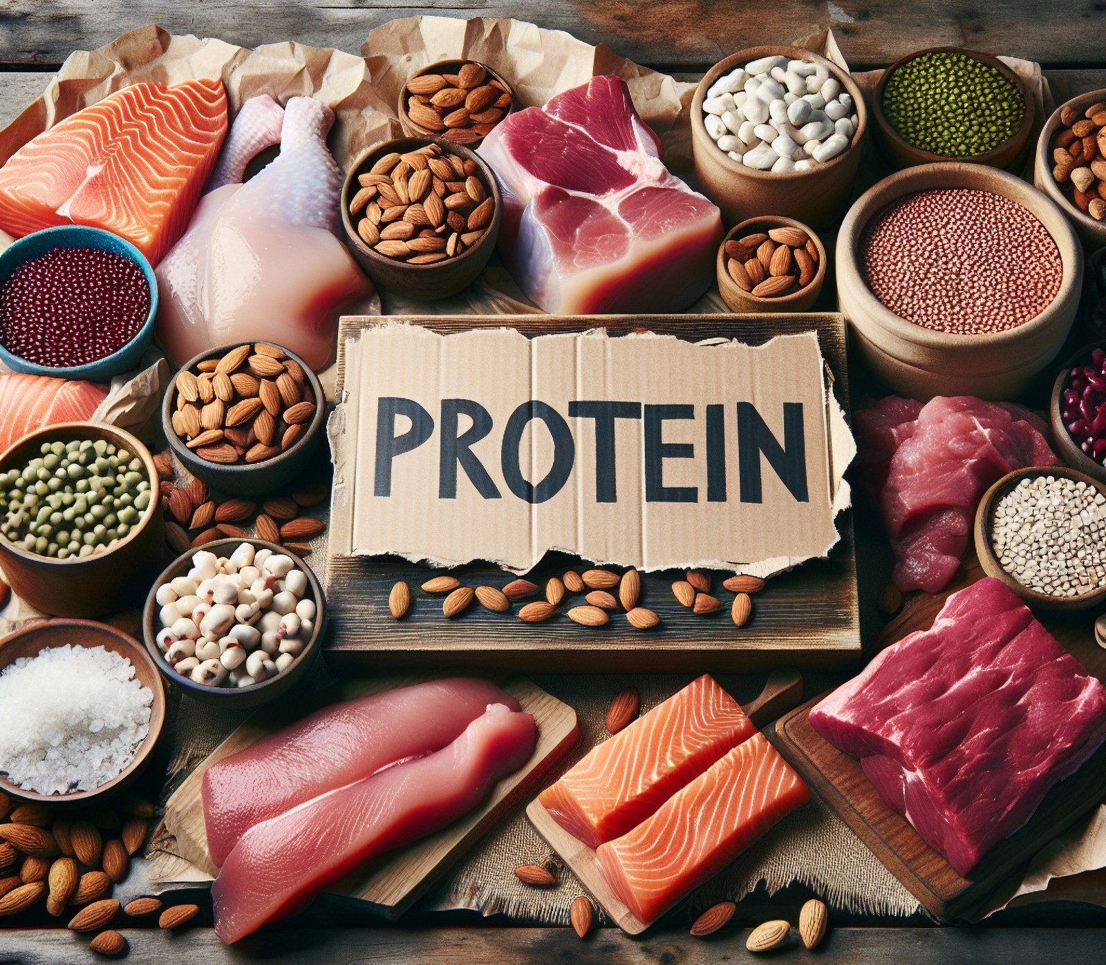 Protein  nápis v okolí rôzne jedlo, mäso, ryby, strukoviny, orechy