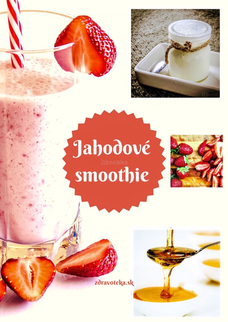 Recept na jahodové smoothie, biely jogurt, med pohár a rozmixovaný nápoj so slamkou, červená jahodová farba