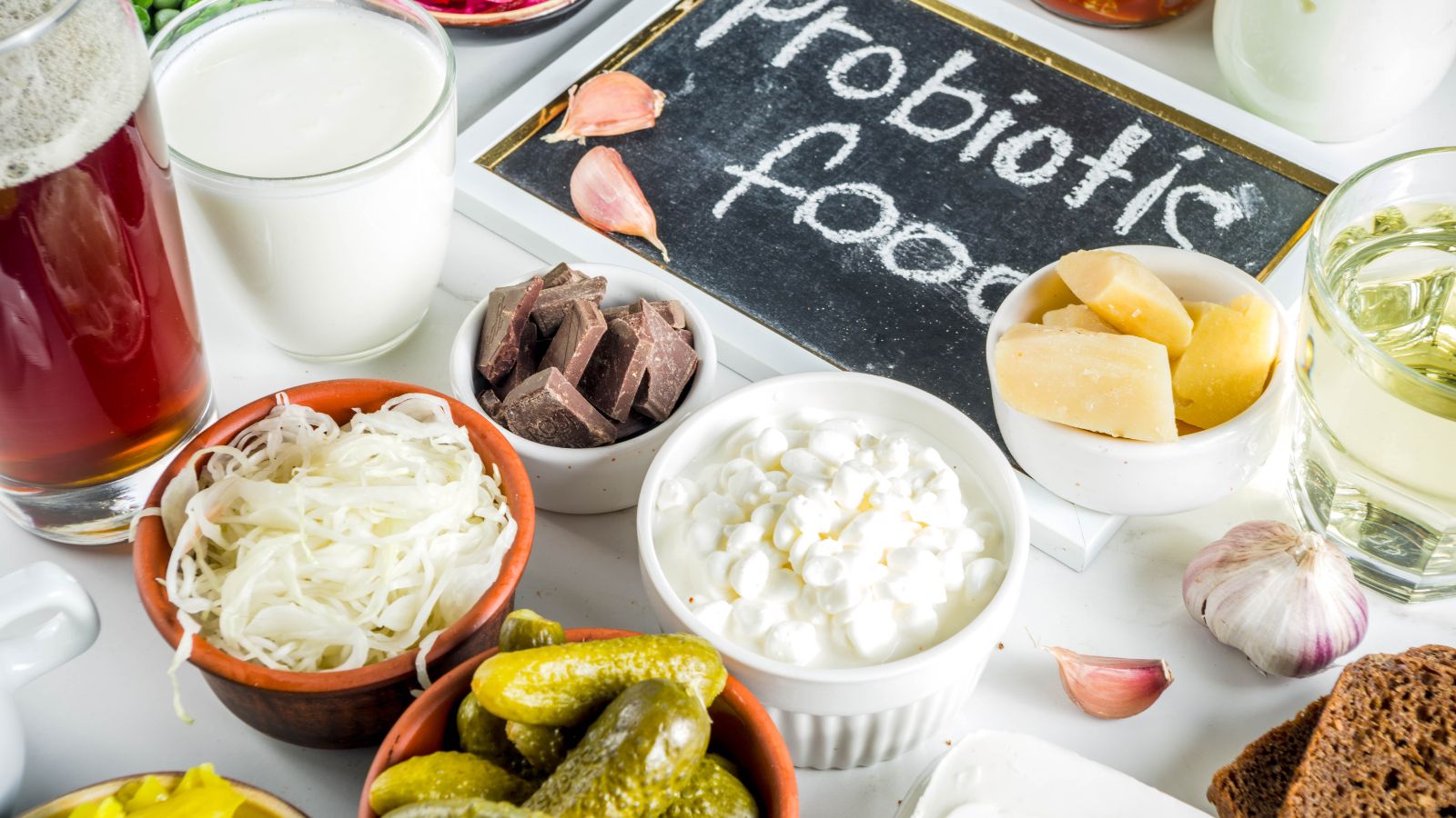 Probiotické potraviny a nápoje sú tie, ktoré obsahujú živé kultúry probiotických baktérií, ktoré sú prospešné pre zdravie čriev a celkovú pohodu. Zdroj foto: Canva Na stole tabuľka s nápisom probiotické potraviny. Okolo tabuľky rozmiestnené rôzne druhy potravín a nápojov pre zdravý mikrobióm.