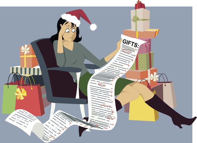 Animovaný obrázok znázorňuje ženu stresujúcu sa vianočnými nákupmi