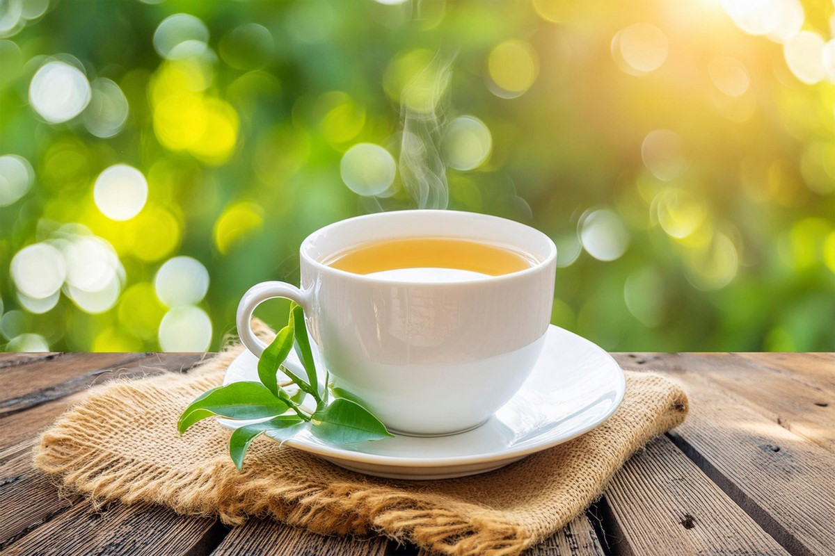 Niektoré štúdie ukázali, že zelený čaj, by mohol pomôcť znižovať tvorbu kožného mazu. Zdroj foto: Shutterstock Zaliaty teplý zelený čaj v bielej šálke. Vedľa vetvička zelených listov čajovníka. prírodný antioxidant, pre zdravú a krásnu pokožku bez akné.
