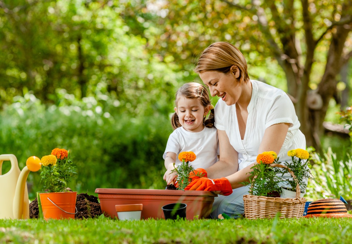 Matka s dievčatkom spoločne sadia kvety do kvetináčov, druh spoločných rodinných prác