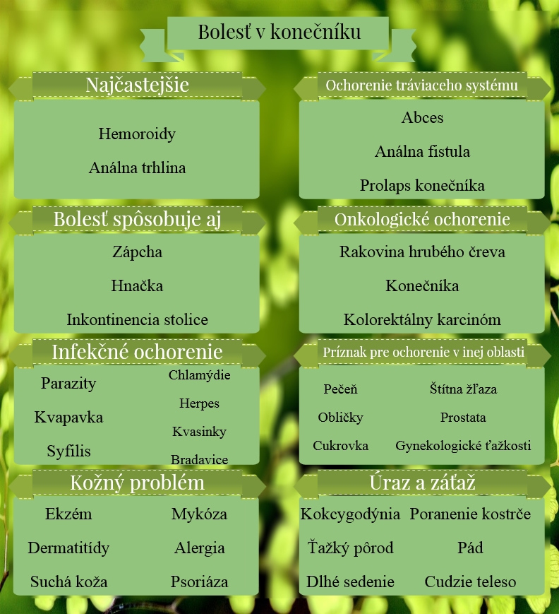 Najčastejšie príčiny bolesti konečníka na jednom mieste Infografika združuje príčiny bolesti konečníka