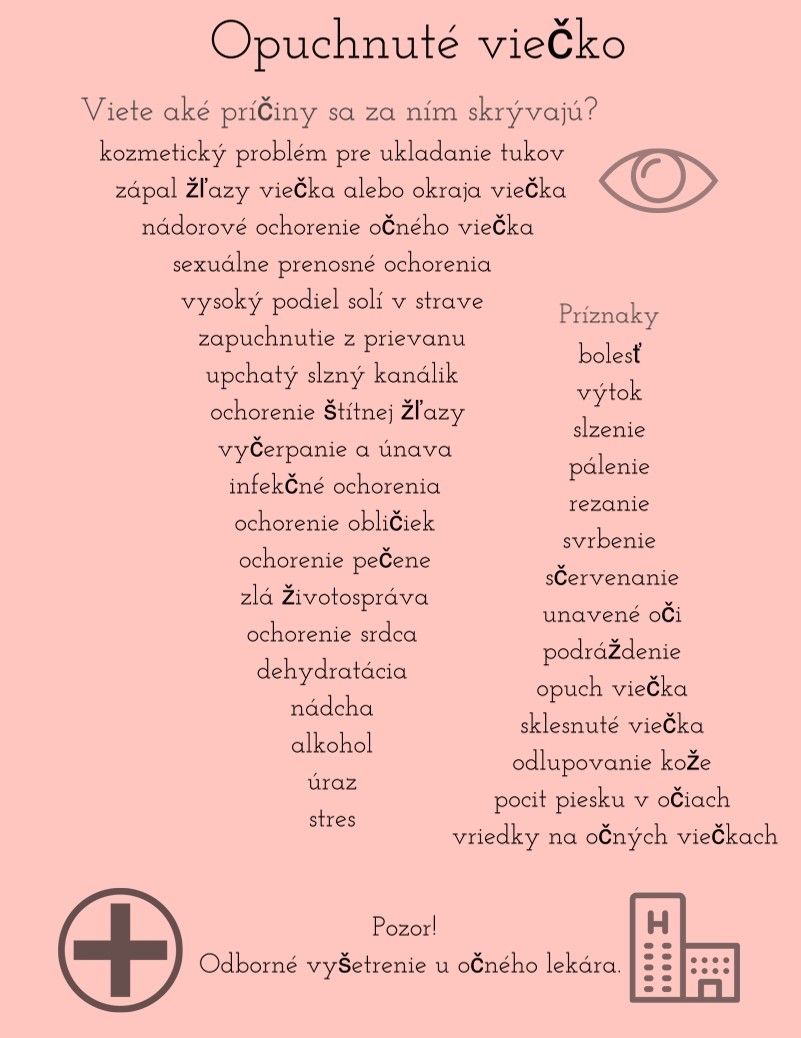 Príčiny opuchu viečka a príznaky, ktoré ho môžu sprevádzať Infografika znázorňuje príčina opuchu očného viečka a najčastejšie príznaky, ktoré ho sprevádzajú