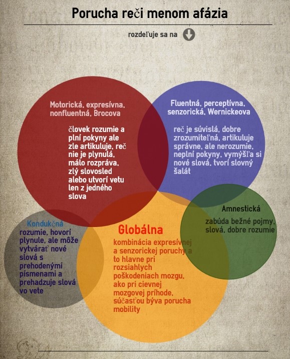 Afázia je jednou z porúch reči. Čo je jej najčastejšou príčinou? Infografika o poruche reči typy afézie