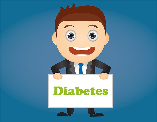 kreslená postava muža ktorý drží tabulu s nápisom diabetes