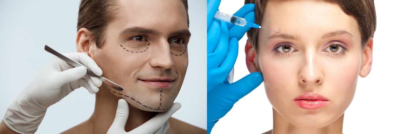 Tvár muža a ženy, ako príklad asymetrie tváre a nutnosti plastického zákroku a stavu po injekcii botoxom
